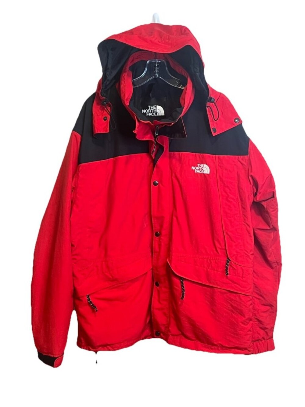 The North Face HyVent Red Black Hooded Mountain Jacket Mens L Waterproof